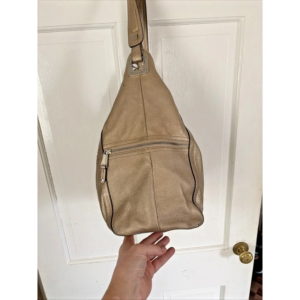 Tignanello Hobo Bag Purse Large Champagne Pebbled Leather Gold Jewel Tone Luxury